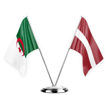 Two table flags isolated on white background 3d illustration, algeria and latvia