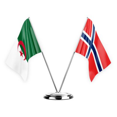 Two table flags isolated on white background 3d illustration, algeria and norway