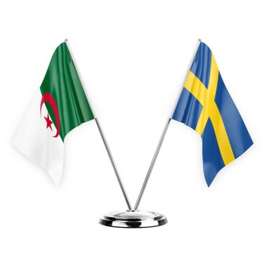 Two table flags isolated on white background 3d illustration, algeria and sweden