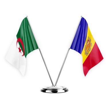 Two table flags isolated on white background 3d illustration, algeria and andorra