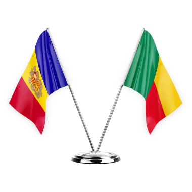 Two table flags isolated on white background 3d illustration, andorra and benin