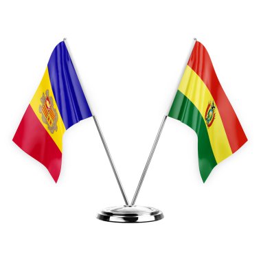 Two table flags isolated on white background 3d illustration, andorra and bolivia