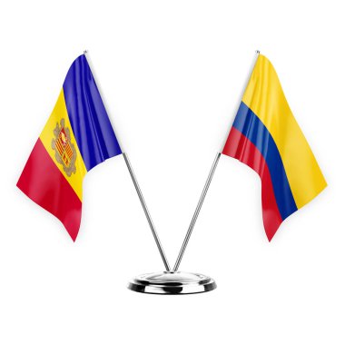 Two table flags isolated on white background 3d illustration, andorra and colombia