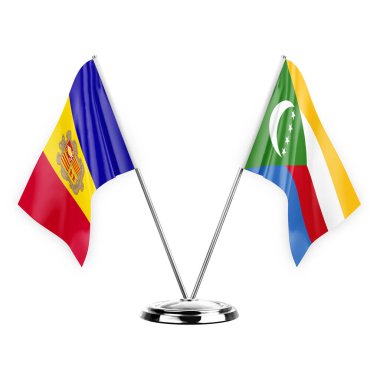 Two table flags isolated on white background 3d illustration, andorra and comoros
