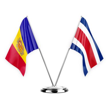Two table flags isolated on white background 3d illustration, andorra and costa rica