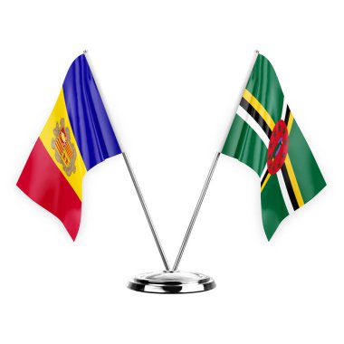 Two table flags isolated on white background 3d illustration, andorra and dominica