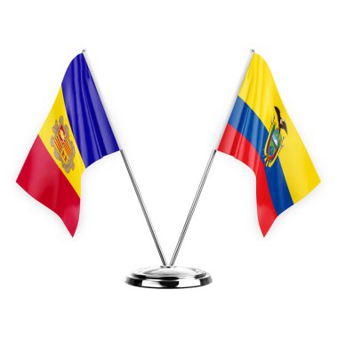 Two table flags isolated on white background 3d illustration, andorra and ecuador
