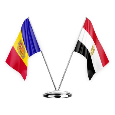 Two table flags isolated on white background 3d illustration, andorra and egypt