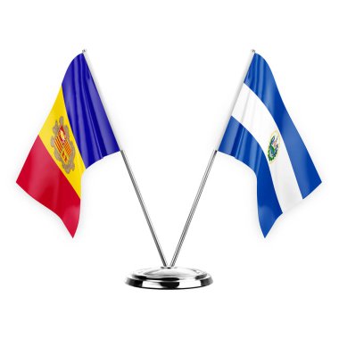 Two table flags isolated on white background 3d illustration, andorra and el salvador
