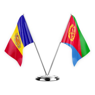 Two table flags isolated on white background 3d illustration, andorra and eritrea