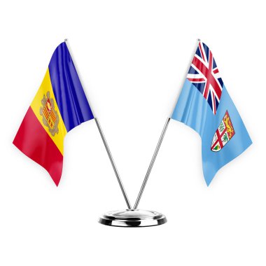 Two table flags isolated on white background 3d illustration, andorra and fiji
