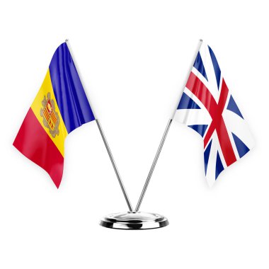 Two table flags isolated on white background 3d illustration, andorra and britain