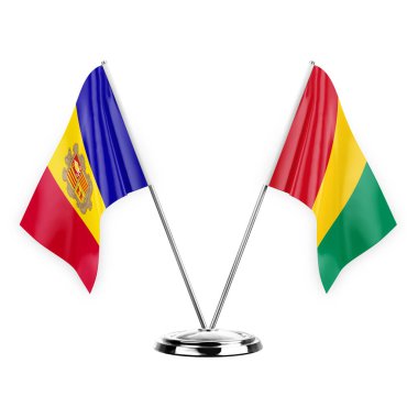 Two table flags isolated on white background 3d illustration, andorra and guinea