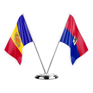 Two table flags isolated on white background 3d illustration, andorra and haiti