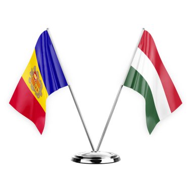 Two table flags isolated on white background 3d illustration, andorra and hungary