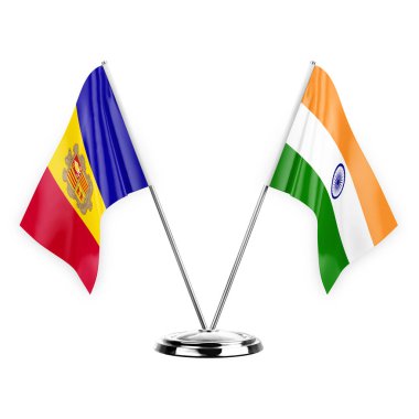 Two table flags isolated on white background 3d illustration, andorra and india