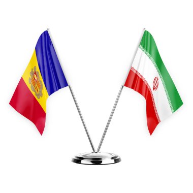 Two table flags isolated on white background 3d illustration, andorra and iran