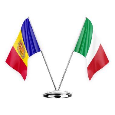 Two table flags isolated on white background 3d illustration, andorra and italy