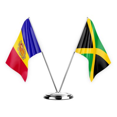 Two table flags isolated on white background 3d illustration, andorra and jamaica