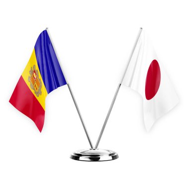 Two table flags isolated on white background 3d illustration, andorra and japan