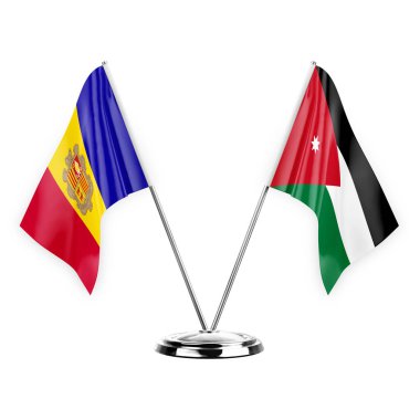 Two table flags isolated on white background 3d illustration, andorra and jordan