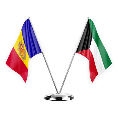 Two table flags isolated on white background 3d illustration, andorra and kuwait