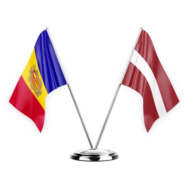 Two table flags isolated on white background 3d illustration, andorra and latvia