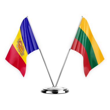 Two table flags isolated on white background 3d illustration, andorra and lithuania