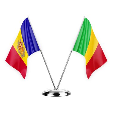 Two table flags isolated on white background 3d illustration, andorra and mali