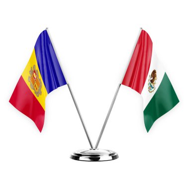 Two table flags isolated on white background 3d illustration, andorra and mexico