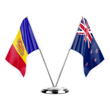 Two table flags isolated on white background 3d illustration, andorra and new zealand