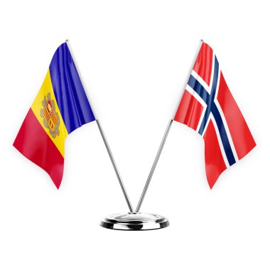 Two table flags isolated on white background 3d illustration, andorra and norway