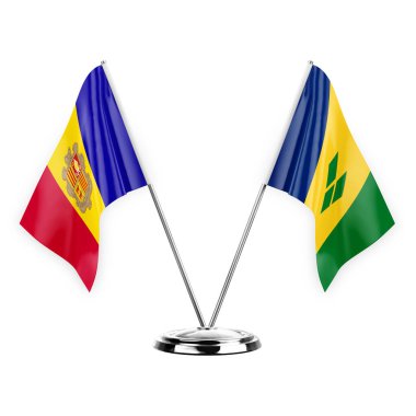 Two table flags isolated on white background 3d illustration, andorra and saint vincent and the grenadines