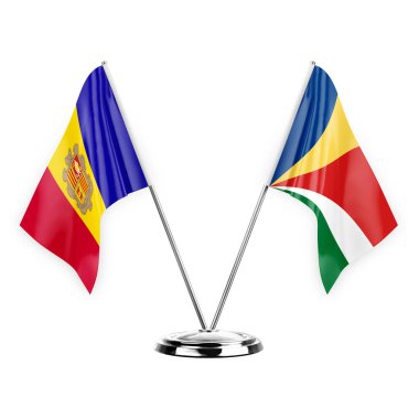Two table flags isolated on white background 3d illustration, andorra and seychelles