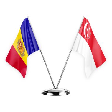 Two table flags isolated on white background 3d illustration, andorra and singapore