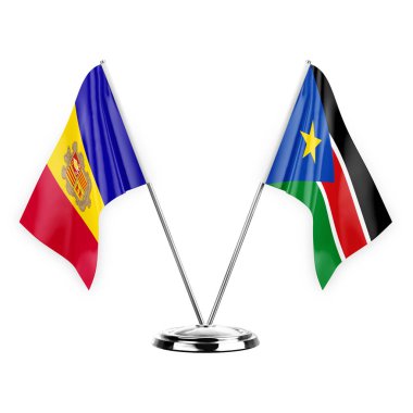 Two table flags isolated on white background 3d illustration, andorra and south sudan