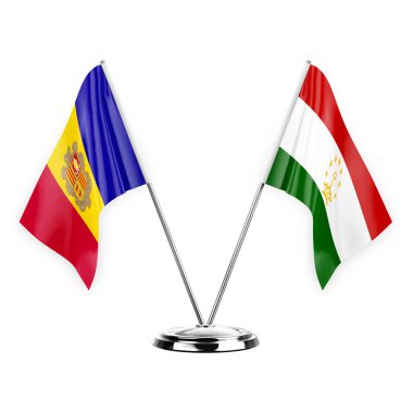 Two table flags isolated on white background 3d illustration, andorra and tajikistan