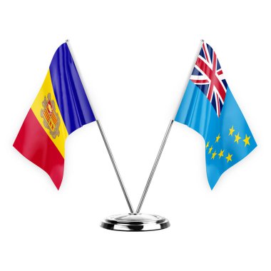 Two table flags isolated on white background 3d illustration, andorra and tuvalu
