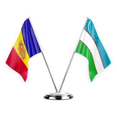 Two table flags isolated on white background 3d illustration, andorra and uzbekistan