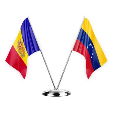 Two table flags isolated on white background 3d illustration, andorra and venezuela