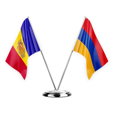 Two table flags isolated on white background 3d illustration, andorra and armenia