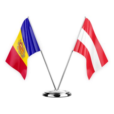 Two table flags isolated on white background 3d illustration, andorra and austria