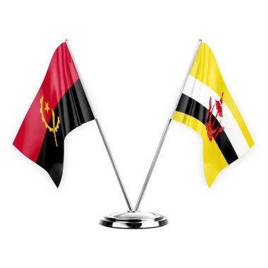 Two table flags isolated on white background 3d illustration, angola and brunei