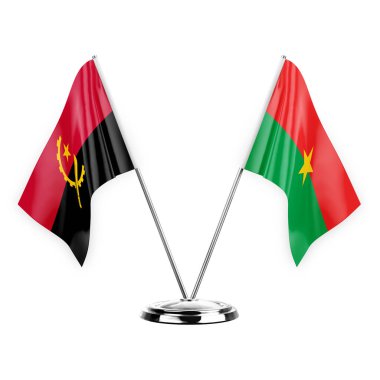 Two table flags isolated on white background 3d illustration, angola and burkina faso