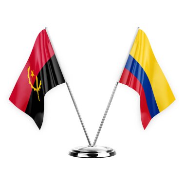 Two table flags isolated on white background 3d illustration, angola and colombia
