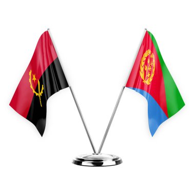 Two table flags isolated on white background 3d illustration, angola and eritrea