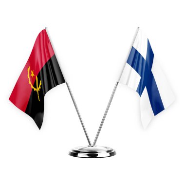 Two table flags isolated on white background 3d illustration, angola and finland