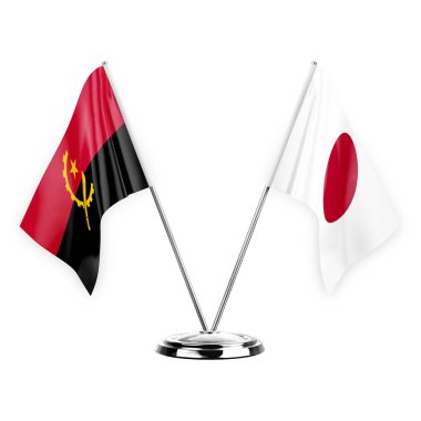 Two table flags isolated on white background 3d illustration, angola and japan