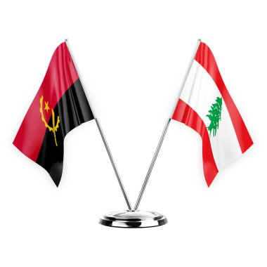 Two table flags isolated on white background 3d illustration, angola and lebanon