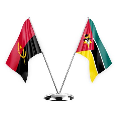 Two table flags isolated on white background 3d illustration, angola and mozambique